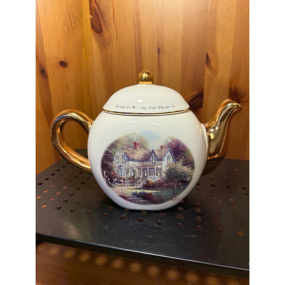 Thomas Kinkade Home Is Where The Heart Is II Teleflora Teapot Gold Trim 9"
